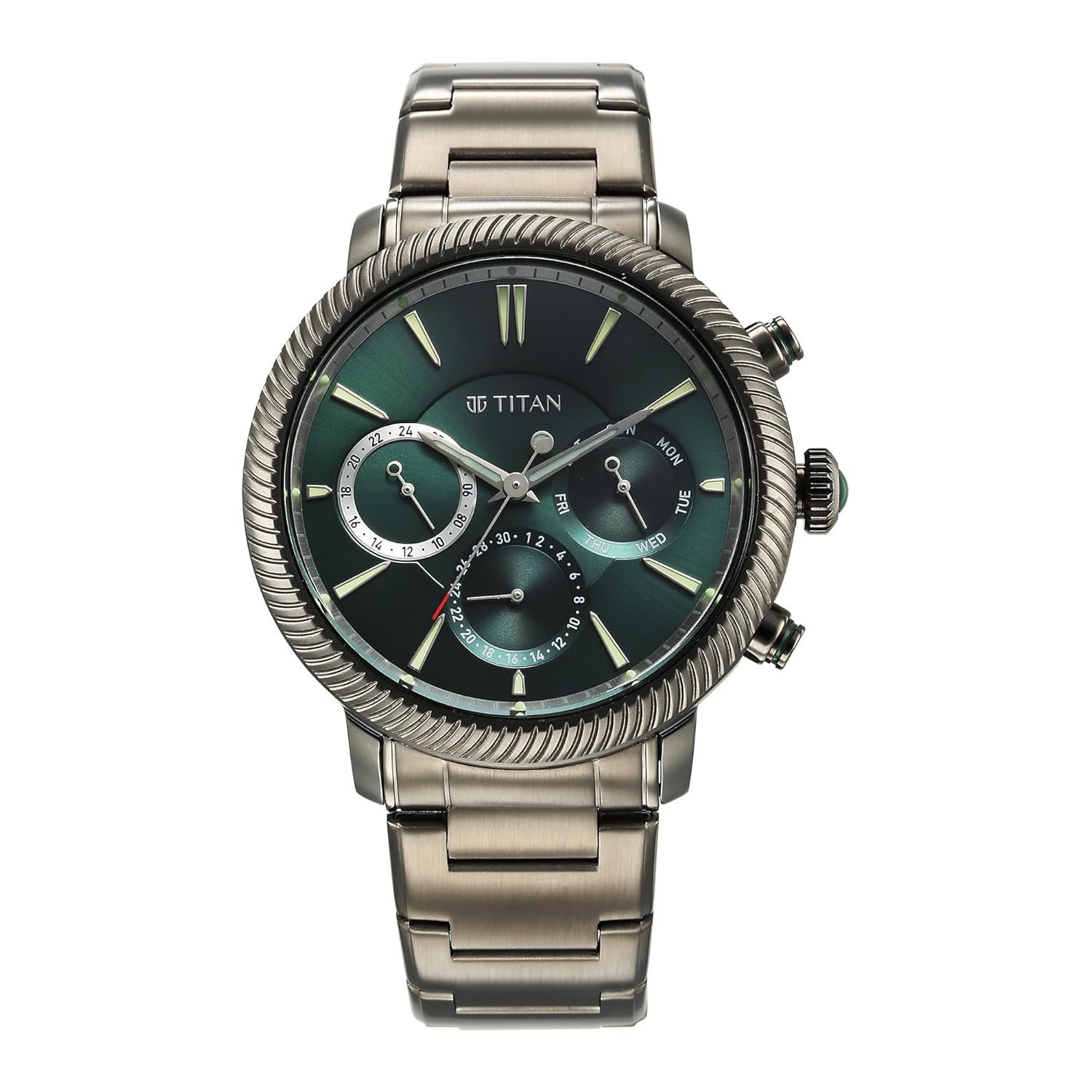 Titan Regalia Stellar Quartz Multifunction Green Dial Stainless Steel Strap Watch for Men-NS10012QM01/NT10012QM01 Titan Regalia Stellar Quartz Multifunction Green Dial Stainless Steel Strap Watch for Men-NS10012QM01/NT10012QM01