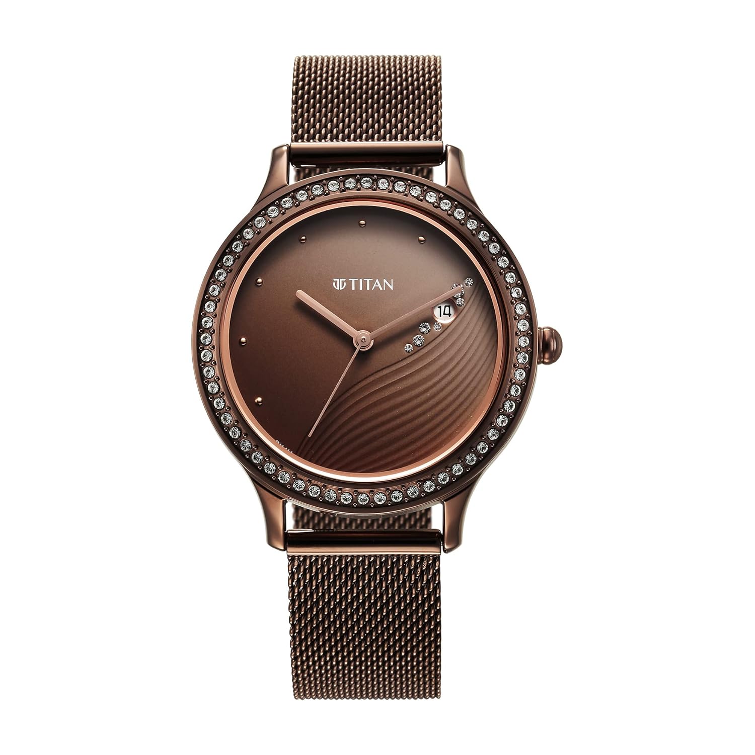 Titan Purple Glam It Up Quartz Analog with Date Brown Dial Brown Stainless Steel Strap Watch for Women – NT2634QM01