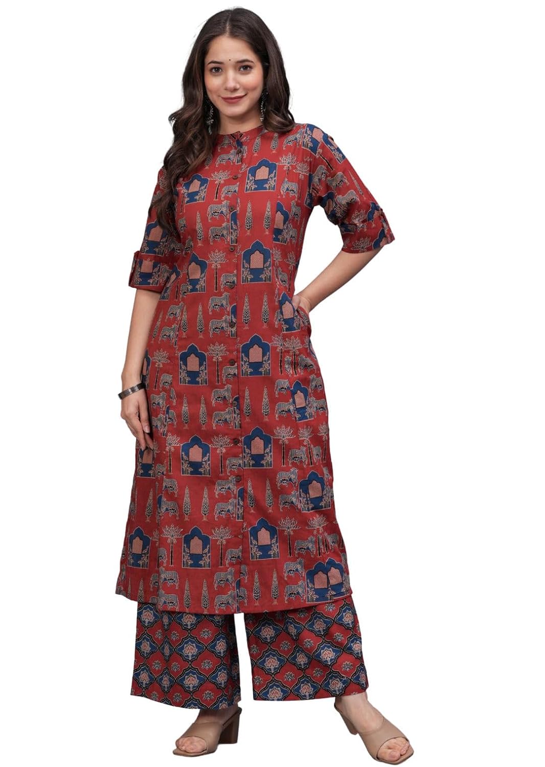 rytras Women’s Pure Cotton Printed A-Line Kurta Set with Palazzo Pants – Ethnic Wear, Maroon rytras Women’s Pure Cotton Printed A-Line Kurta Set with Palazzo Pants – Ethnic Wear, Maroon