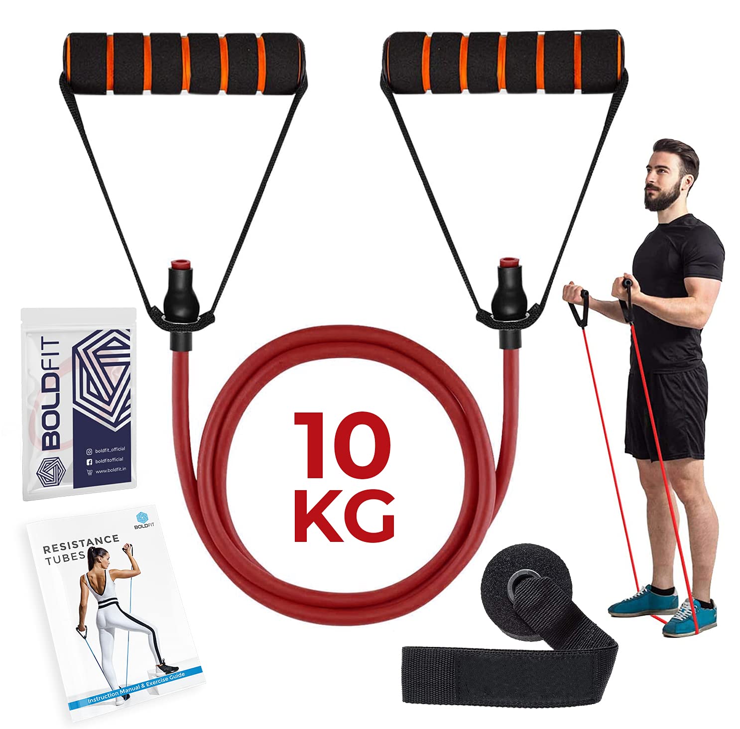 Boldfit Resistance Tube with Foam Handles, Door Anchor for Exercise & Stretching, Suitable in Home & Gym Workout for Men & Women-10kg-Red