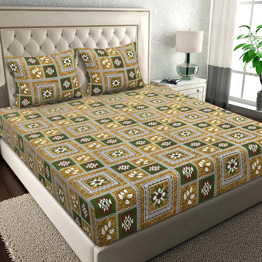 BSB HOME Pure Microfiber Jaipuri Rajasthani Print Bedsheet for Double with 2 Pillow Covers 144tc Breathable Wrinklfree Color – Mouse & Green | 144 TC