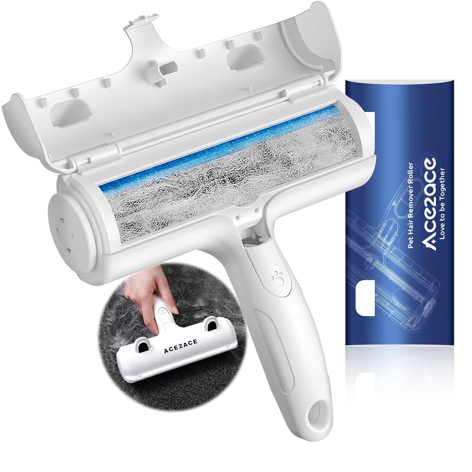 ACE2ACE Pet Hair Remover Roller, Reusable Animal Hair Removal Brush for Dogs and Cats, Self Clean Pet Fur from Carpet, Furniture, Rugs, Laundry, Clothes and Bedding, Sofa, White+Blue ACE2ACE Pet Hair Remover Roller, Reusable Animal Hair Removal Brush for Dogs and Cats, Self Clean Pet Fur from Carpet, Furniture, Rugs, Laundry, Clothes and Bedding, Sofa, White+Blue