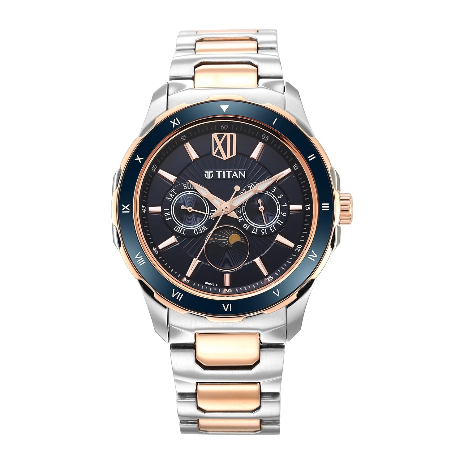 Titan Regalia Premium Quartz Multifunction Navy Blue Dial Two Toned Silver and Rose Gold Stainless Steel Strap Watch for Men – NT1688KM06