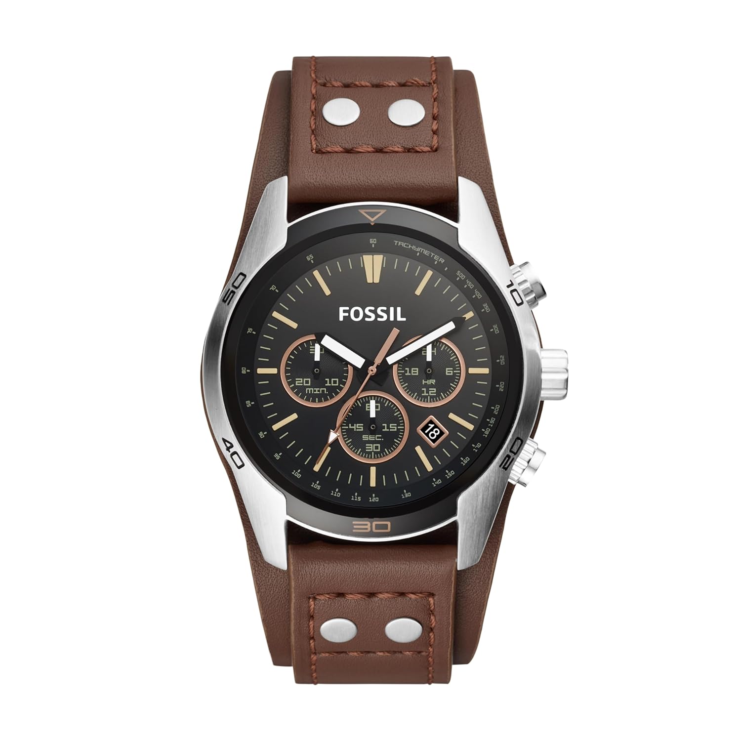 Fossil Leather Chronograph Black Dial Men’s Watch-Ch2891, Band Color:Brown