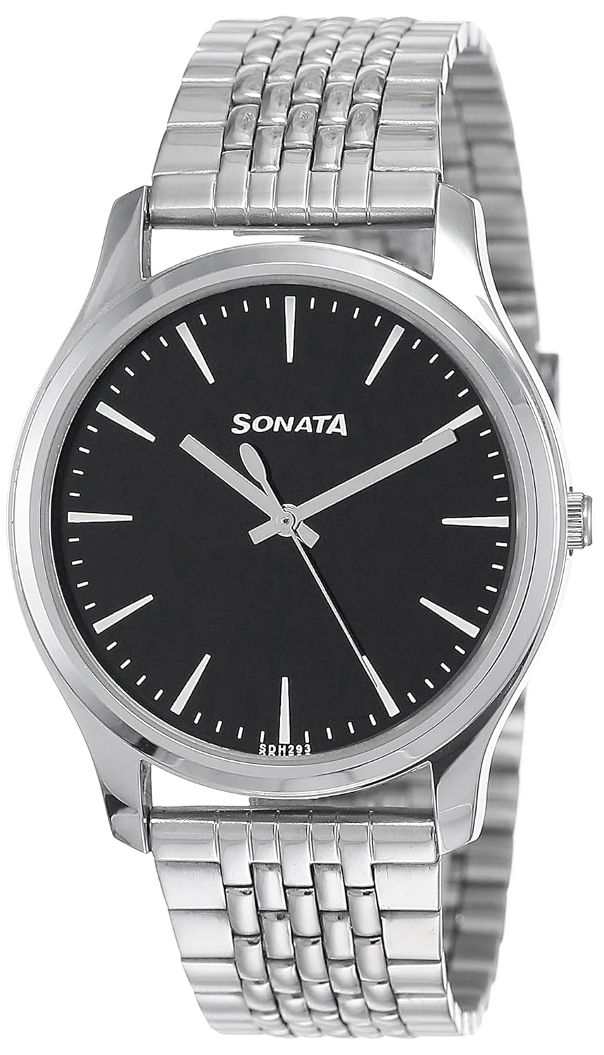 Sonata Essentials Quartz Analog Black Dial Silver Stainless Steel Strap Watch for Men – NS77082SM01 Sonata Essentials Quartz Analog Black Dial Silver Stainless Steel Strap Watch for Men – NS77082SM01