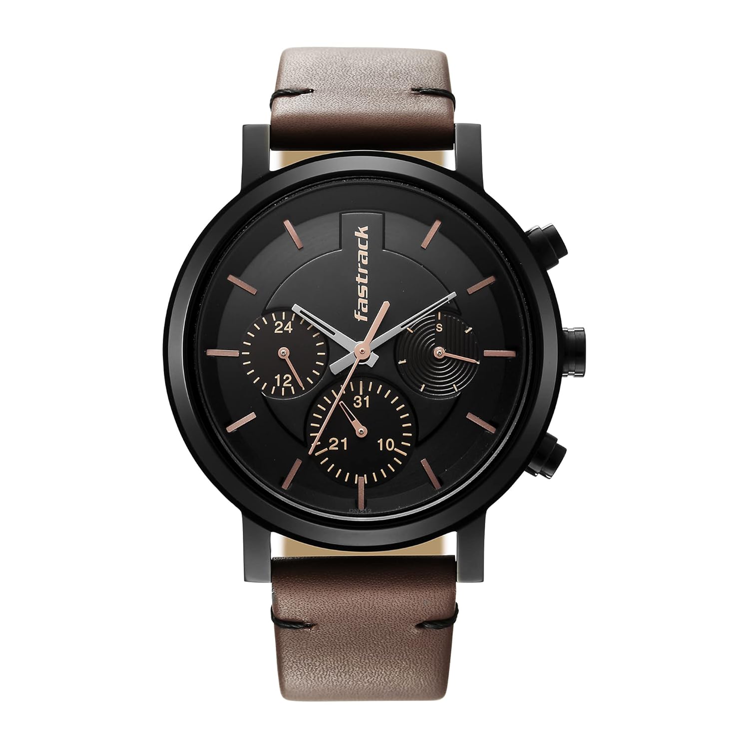 Fastrack Men Tick Tock Quartz Multifunction Black Dial Brown Leather Strap Watch for Guys NT3287NL01