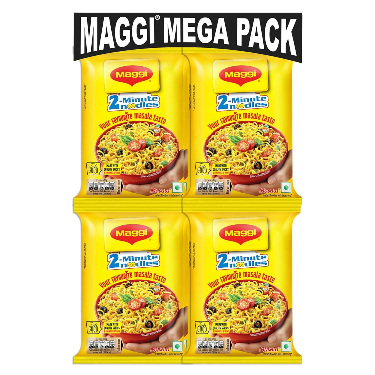 MAGGI 2-Minute Instant Noodles, Masala Noodles With Goodness Of Iron, Made With Choicest Quality Spices, Favourite Masala Taste, 840g Pouch (Pack of 12, 70 g each)