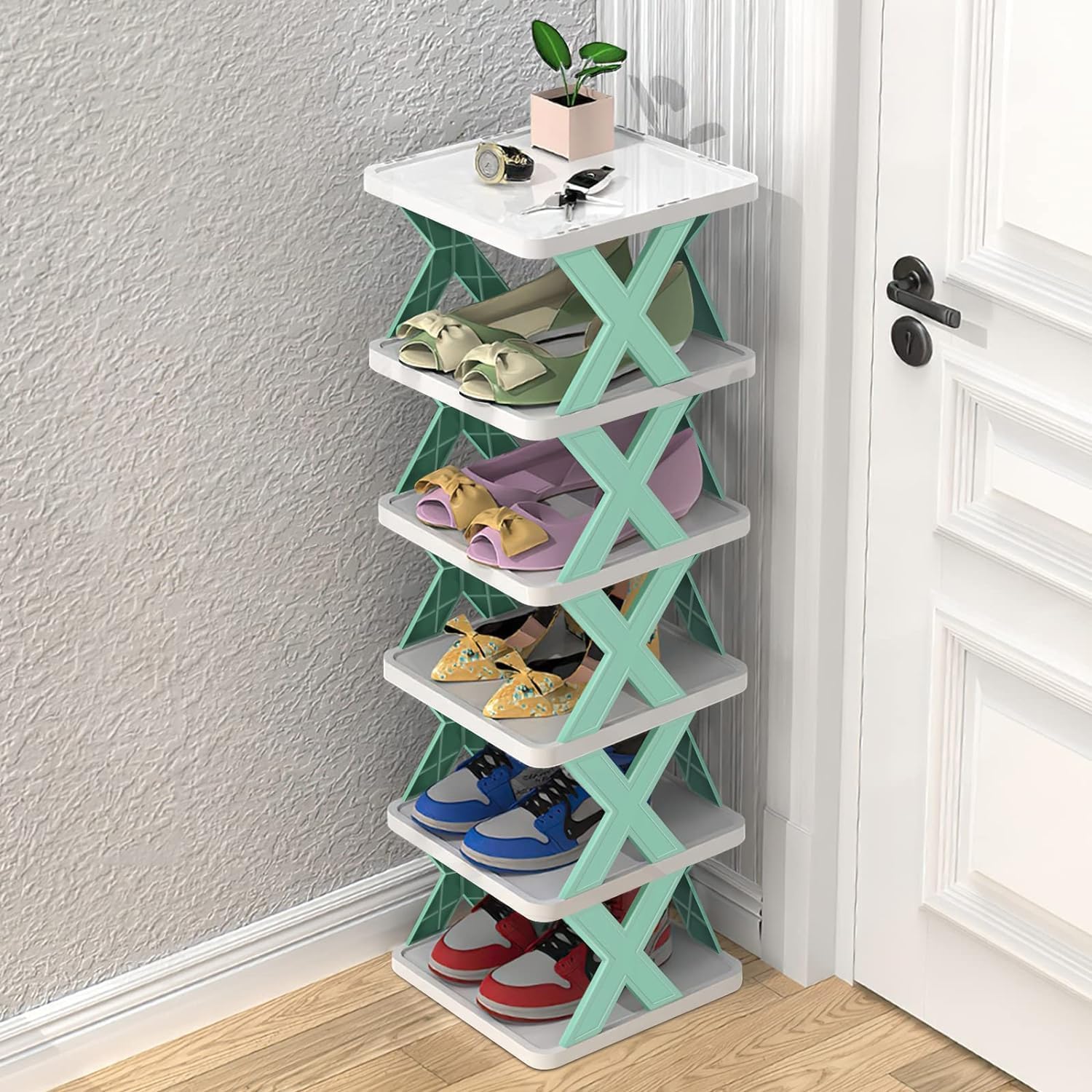 QONETIC 6-Layer Shoe Rack for Home – Stackable & Collapsible Plastic Shoe Organizer Stand | Adjustable Storage Shelf for Footwear, Books & Entryway Use – Multipurpose Space Saver (Corner Design)