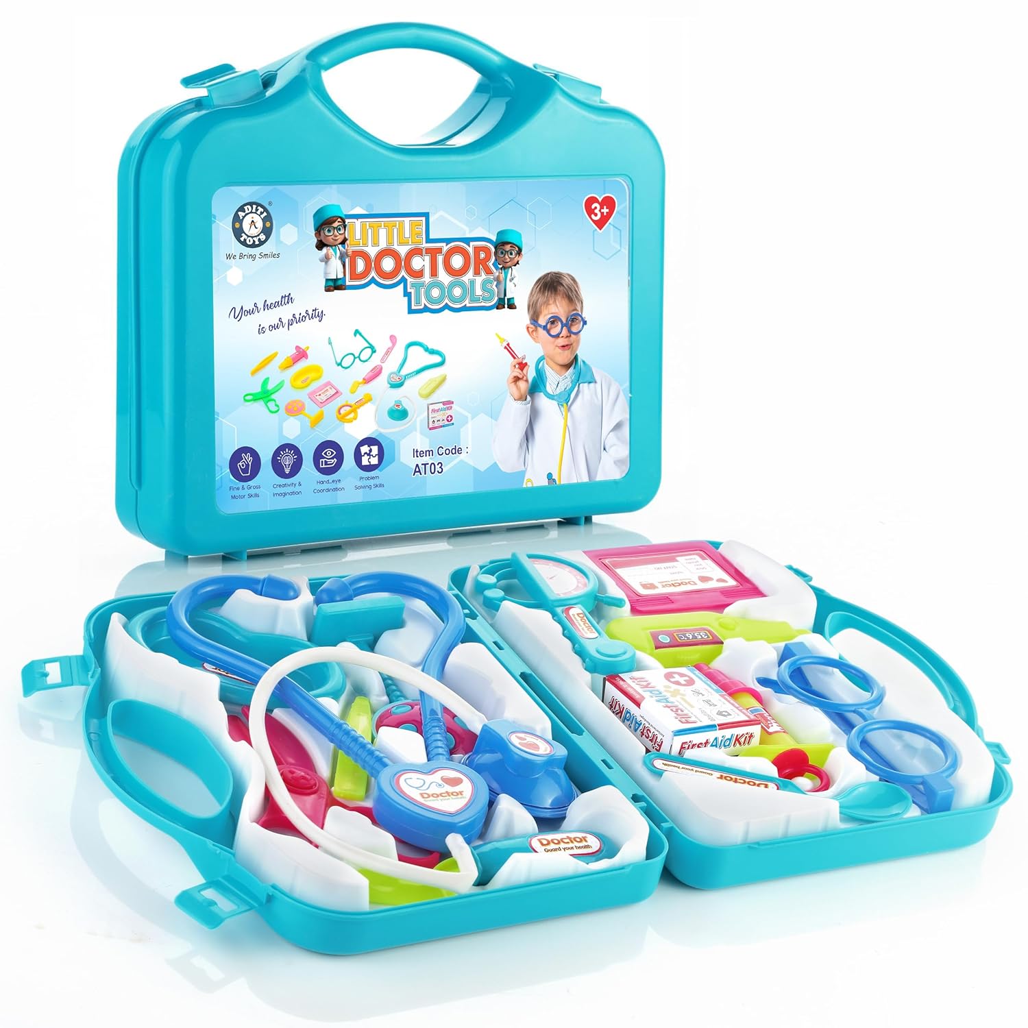 Aditi Toys Doctor Playset for Kids, Pretend Play Doctor Set with Foldable Suitcase for Kid, Doctor Kit Toyset for Kids Above 3 Years, BIS Approved. (AT03P)
