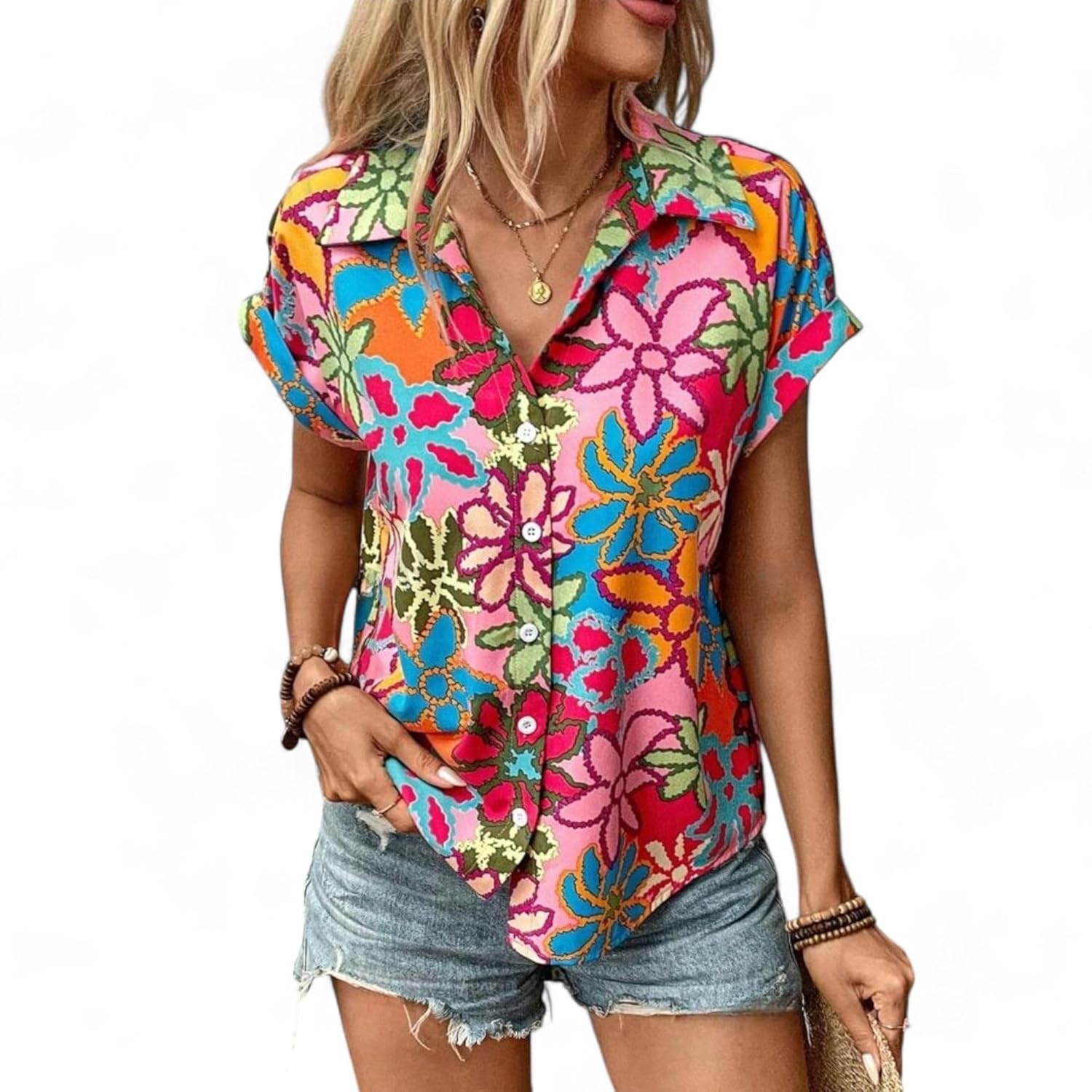 Gufrina Shirt for Women Stylish Western|Shirt Type top|Short Sleeve|Fabric Rayon| Collar Neck |Bright Floral Print|Casual Regular fit Gufrina Shirt for Women Stylish Western|Shirt Type top|Short Sleeve|Fabric Rayon| Collar Neck |Bright Floral Print|Casual Regular fit