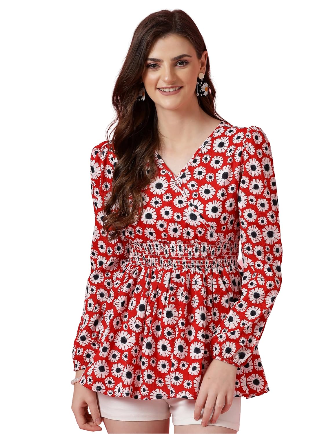 Sheetal Associates Women’s Crepe Puff Sleeves Peplum Top with Floral Printed Regular Fit Full Sleeve and V-Neck Maxi Length Sheetal Associates Women’s Crepe Puff Sleeves Peplum Top with Floral Printed Regular Fit Full Sleeve and V-Neck Maxi Length