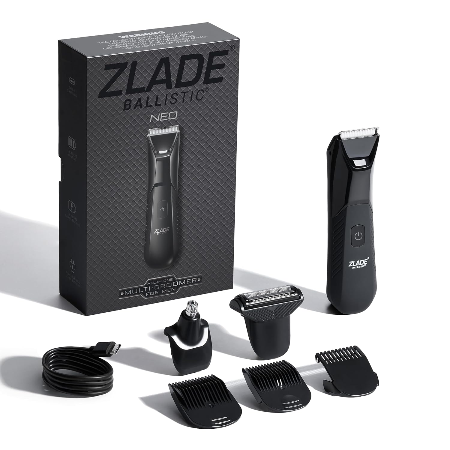 ZLADE Ballistic Neo All In One Trimmer For Men |Beard, Body, Nose & Ear Trimmer |Face Shaver |Waterproof, No Nicks Or Cuts |1 Hour Non Stop Runtime |5 Mins USB C Quick Charge, Black