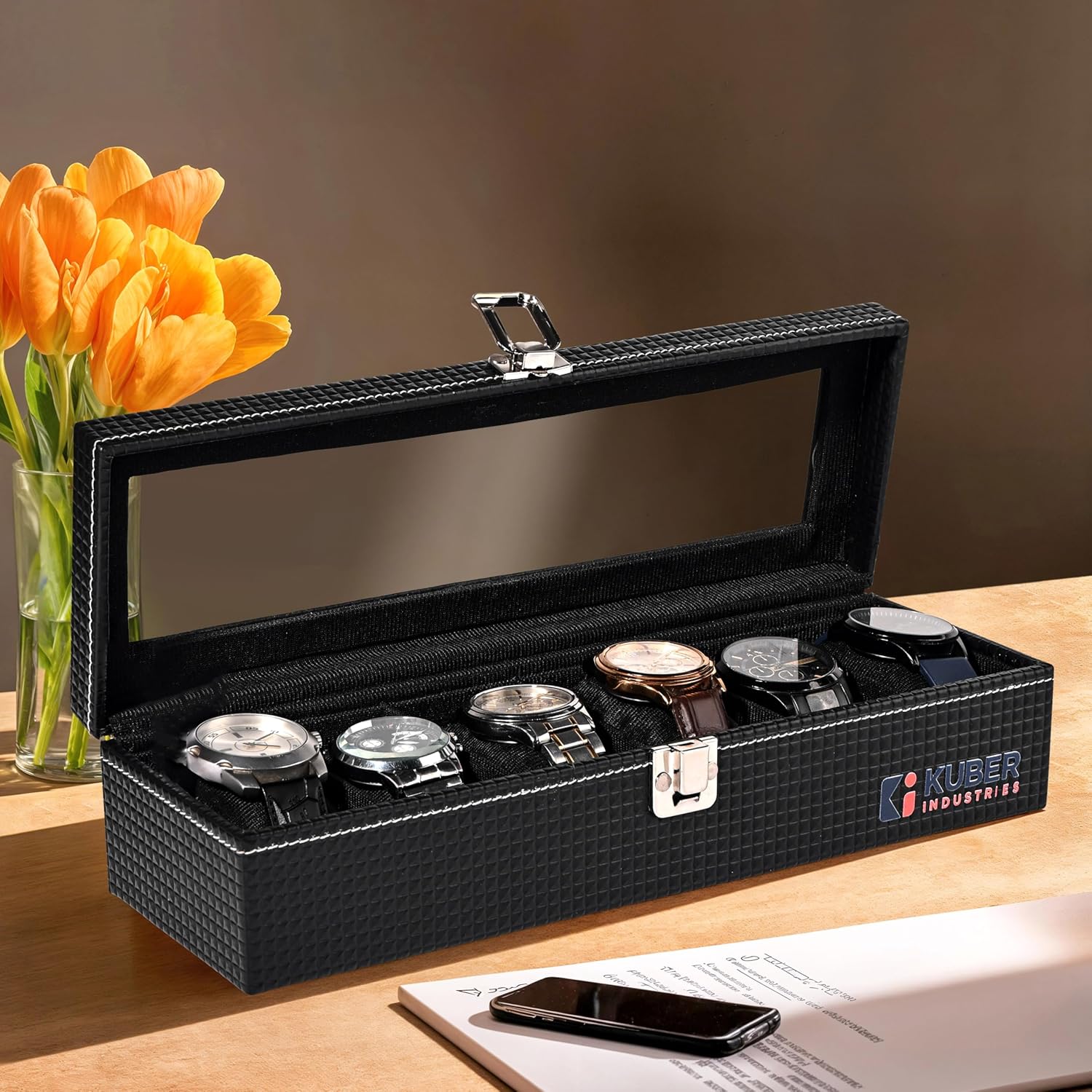 Kuber Industries Premium Faux Leather See Through 6 Slots Wrist Watch Organiser Box for Men & Women | Watch Storage Box Organizer | Watch Collection Box/Case/Holder | Black