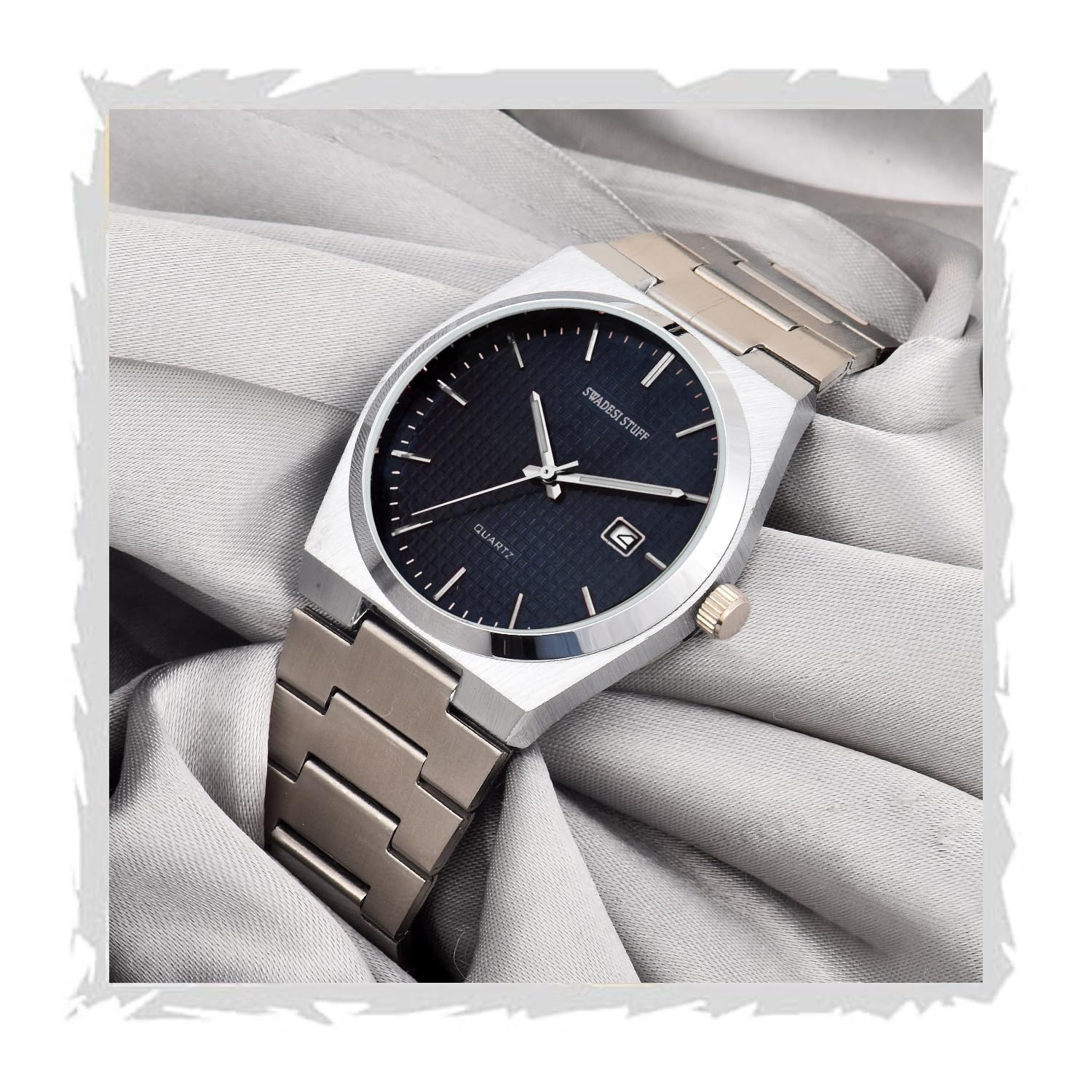 SWADESI STUFF Stainless Steel Date Display Mens Wrist Analogue Watch (Blue), Dial-Color:Multicolour, Band Color:Silver
