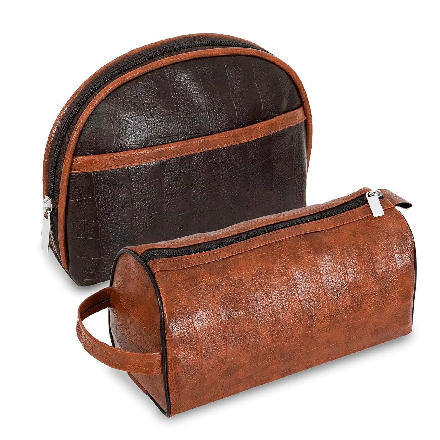 SNDIA 2-Set PU Leather Toiletry Travel Bags for Men and Women, Shaving Kit Bag, Makeup Cosmetic Pouch for Women and Men (Him & Her) Brown