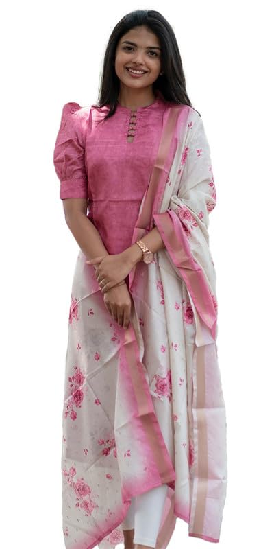 Sun Fashion And Lifestyle Women’s Chanderi Straight Stitched Printed Kurti with Printed Organza Dupatta for Women