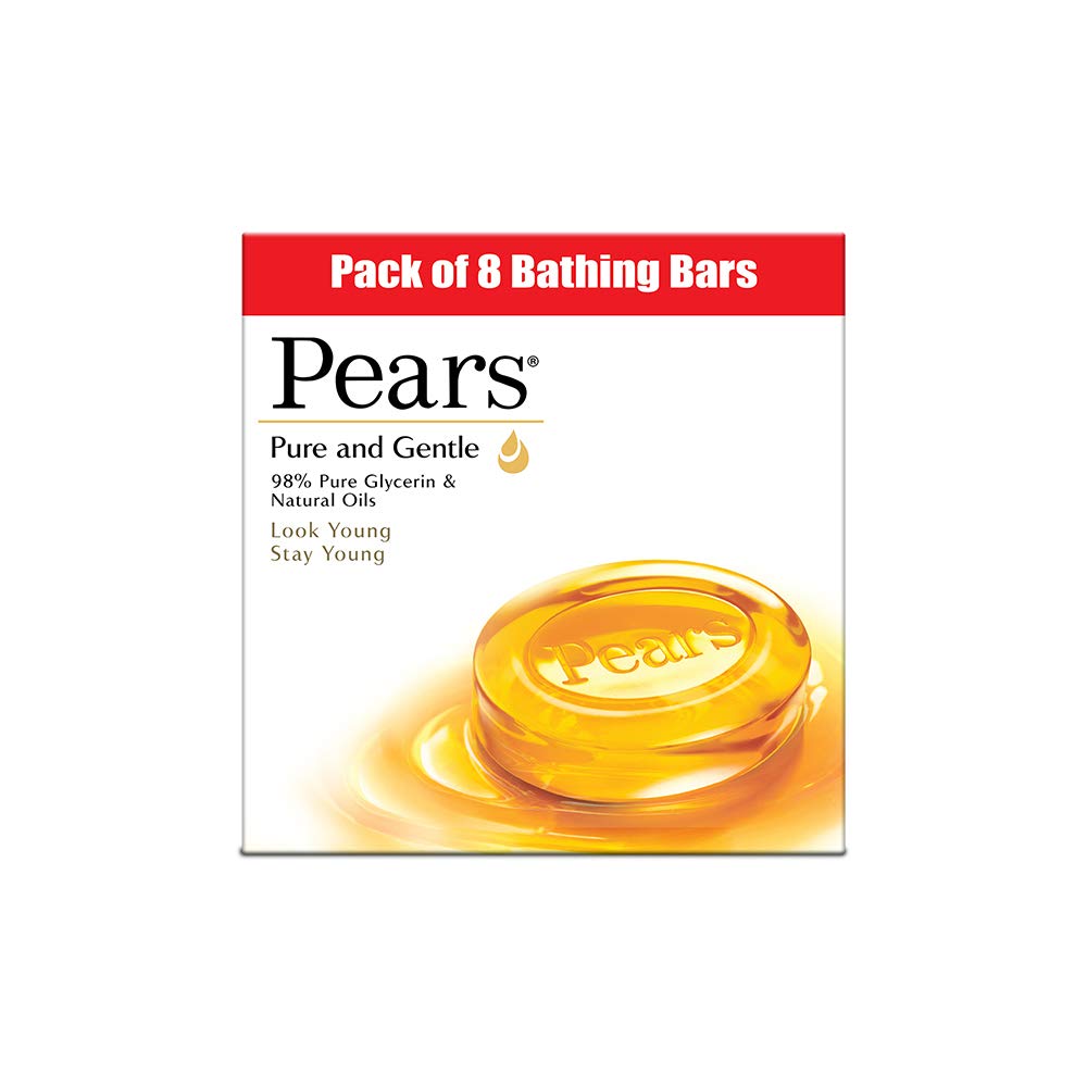 Pears Pure & Gentle Bathing Soap Bar 125 g (Combo Pack of 8) Moisturizing Glycerin Soap for Soft|| Glowing Skin & Body – Paraben Free|| For Men & Women