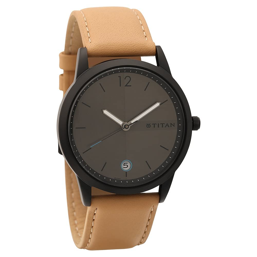 Titan Quartz Analog with Date Anthracite Dial Tan Leather Strap Watch for Men – NP1806NL01