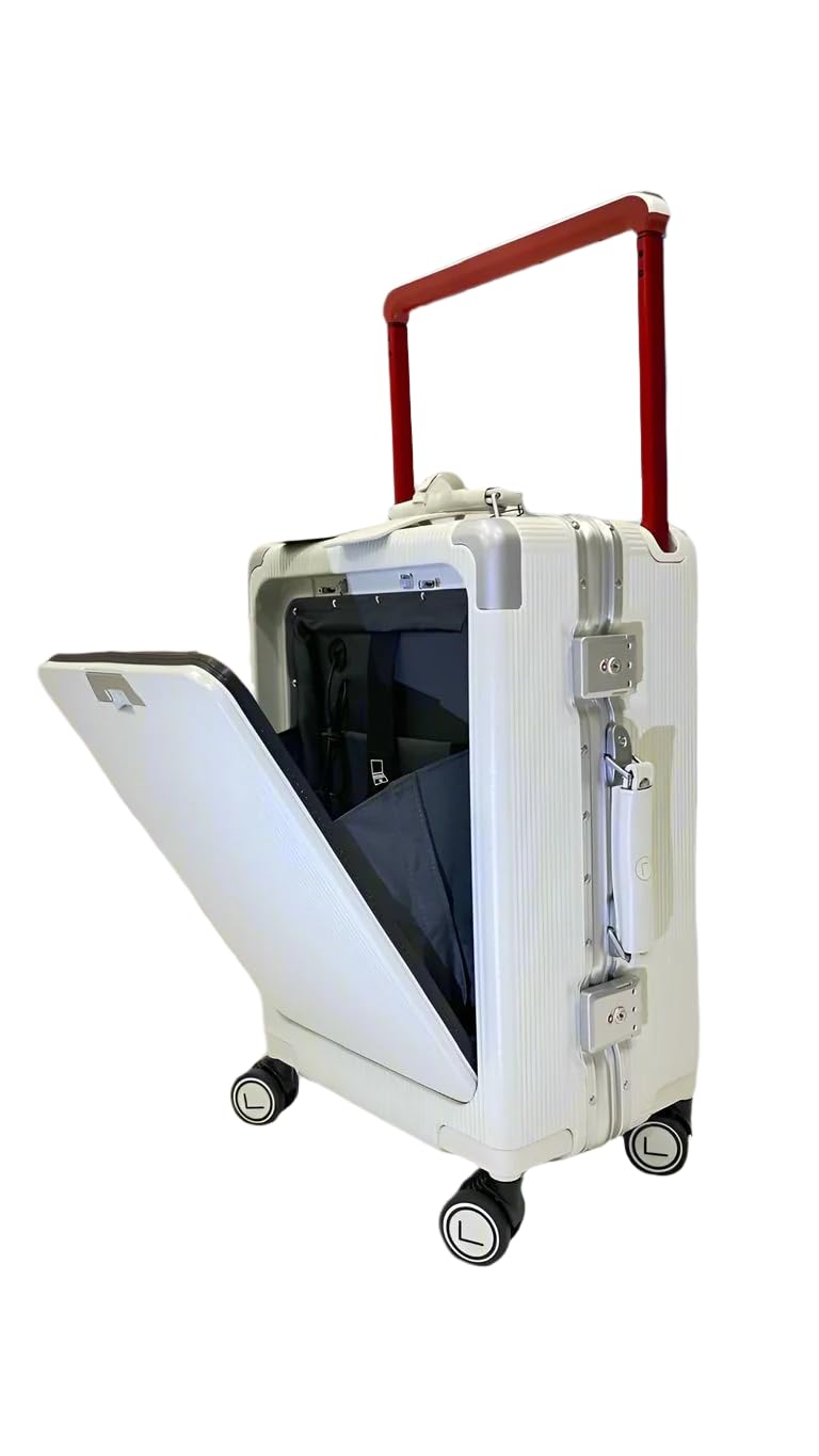 LUGGIT Executive Plus 20-Inch Cabin Trolley Bag | Front Opening Hard Shell Suitcase with Cup Holder | 360° Spinner Wheels & Wide Telescopic Handle | Easy Access Carry-On Travel Luggage (White)