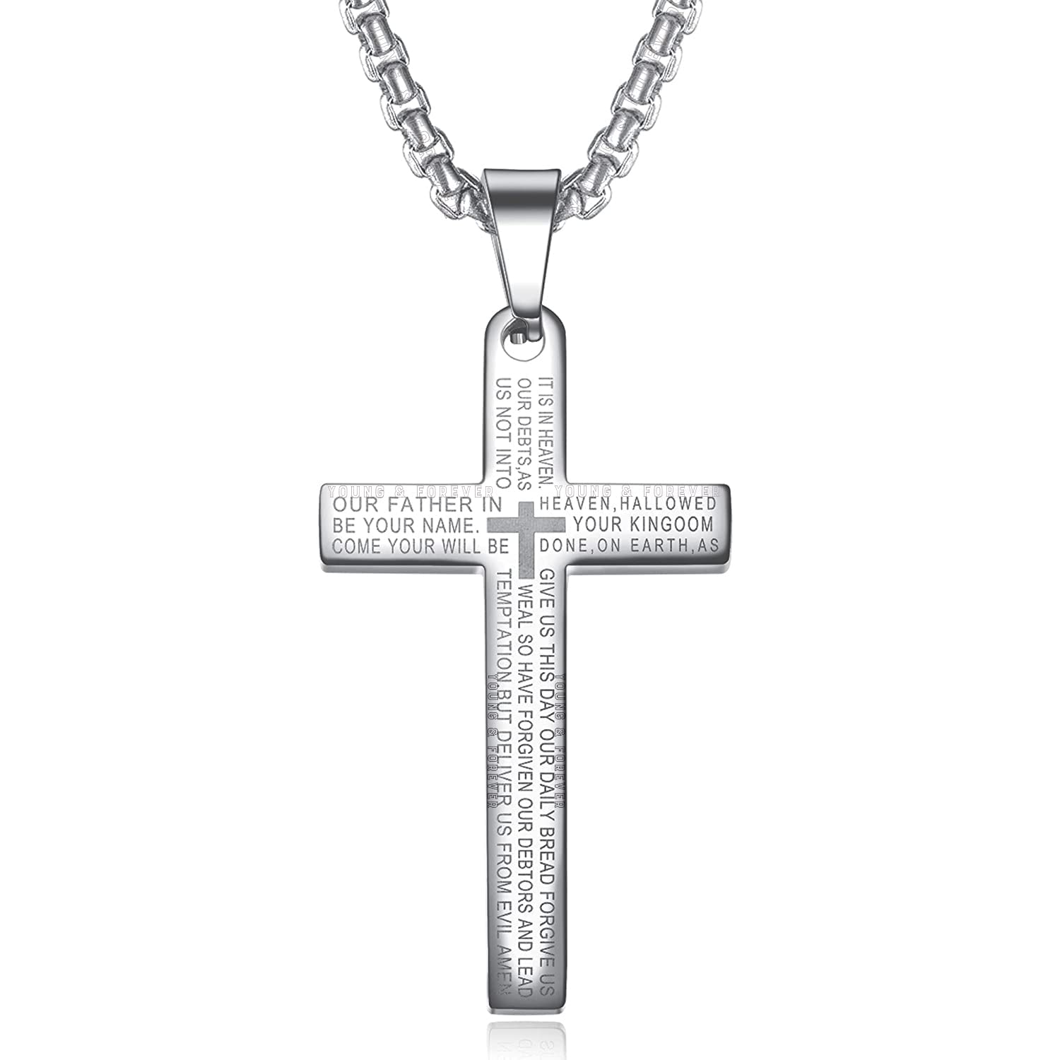 Young & Forever Gift Men’s Stainless Steel Cross Pendant Lord’s Prayer Gold Silver Black Stainless Steel Necklace Bible Verse for Men or Women