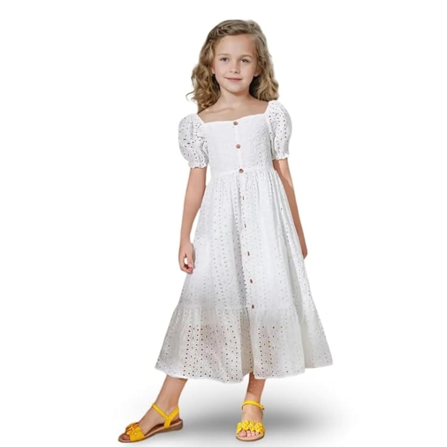 Niren Enterprise Girl’s Fit And Flare Knee Length Eyelet Cotton Square Neck Puff Sleeves Dress