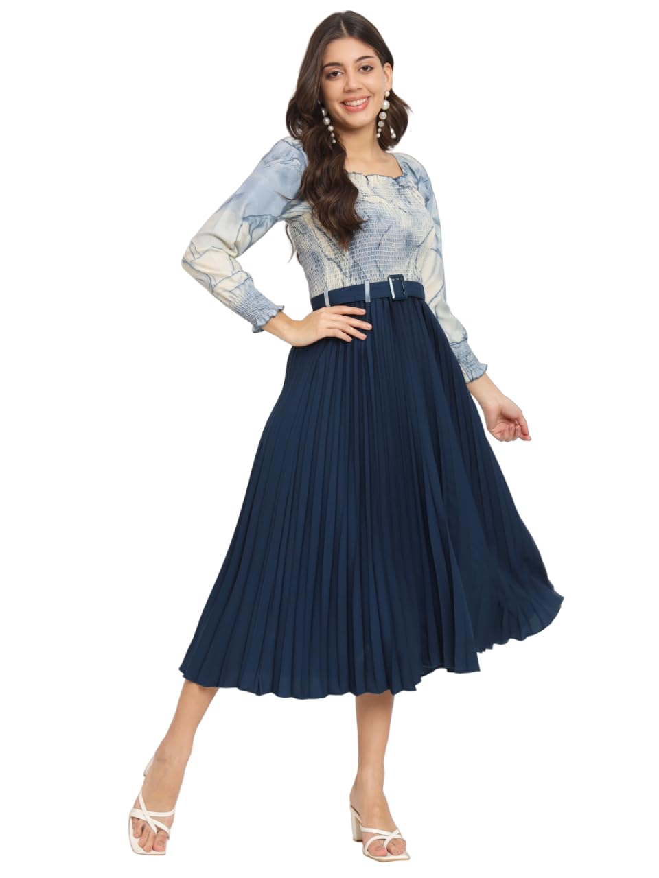 KZULLY | Women A-line Dress with Pleats, has an Square Neck, Printed Top Comes with a Belt KZULLY | Women A-line Dress with Pleats, has an Square Neck, Printed Top Comes with a Belt