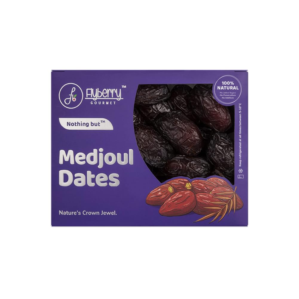Flyberry Gourmet Jumbo Medjoul (Medjool) Dates | Rich Source of Potassium & Iron | No Added Sugar or Preservatives | Low GI Energy Snack | Khajoor | Khajur | 500 g Flyberry Gourmet Jumbo Medjoul (Medjool) Dates | Rich Source of Potassium & Iron | No Added Sugar or Preservatives | Low GI Energy Snack | Khajoor | Khajur | 500 g