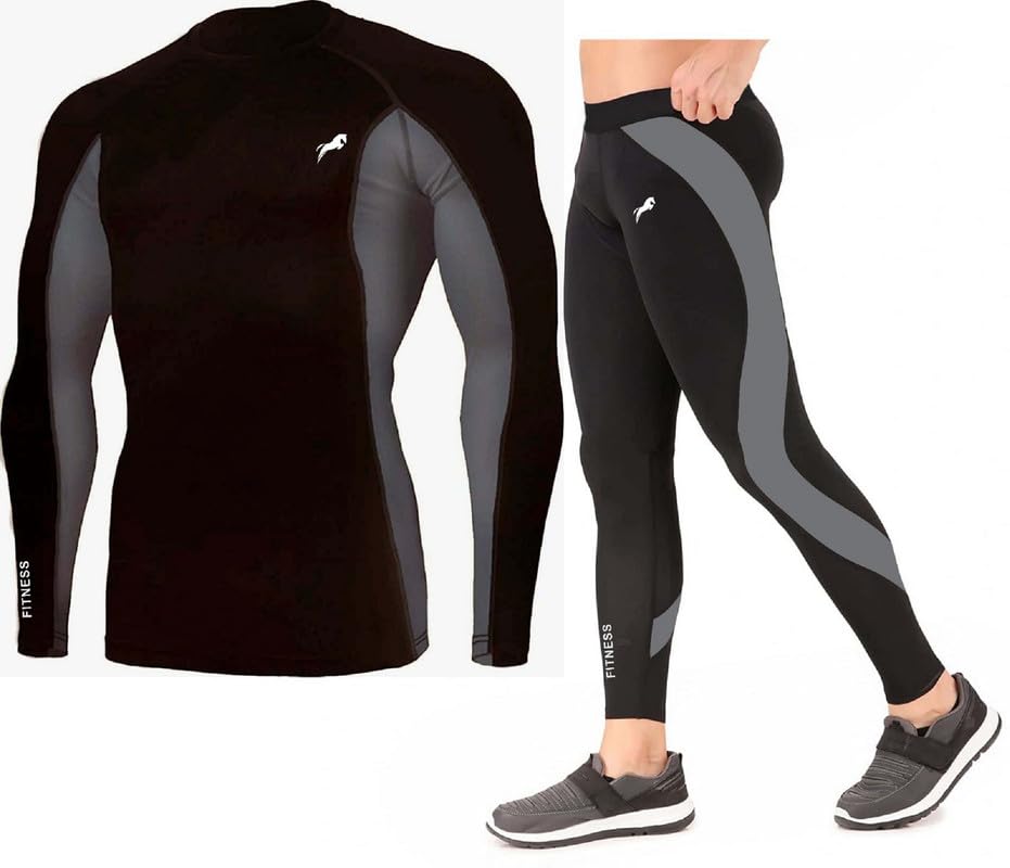 JUST RIDER Men’s Sports Running Set Compression Shirt + Pants Skin-Tight Long Sleeves Quick Dry Fitness Tracksuit Gym Yoga Suits (Set of 2)