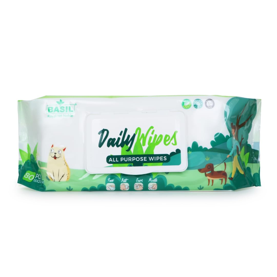BASIL Royal Yet Noble Daily Pet Wipes – 80-Pack Gentle Grooming Wipes for Dogs, Cats & Puppies | Enriched with Aloe Vera, Vitamin E & Castor Oil – Non‑Toxic, Hypoallergenic