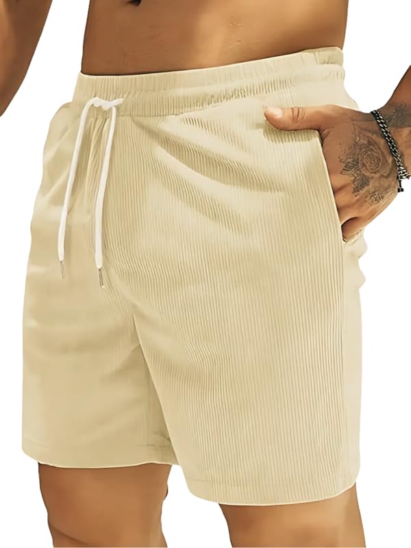 SMOWKLY Men’s Premium Polycotton Casual Ribbed Shorts || Elastic & Drawstring Waist with 2 Pocket || Loose Fit Lightweight Burmuda Perfect for Workout, Beach & Summer