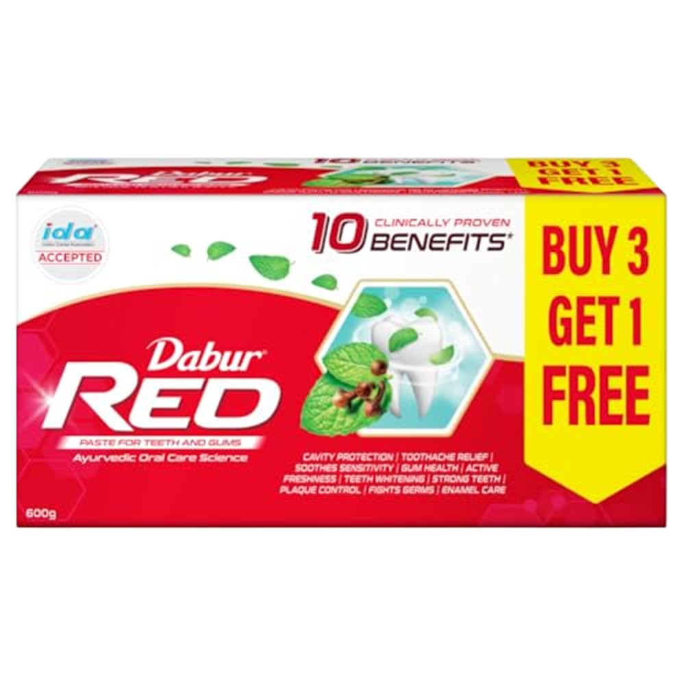 Dabur Red Toothpaste – 600g (150g x 4) | Ayurvedic Paste | Provides Germ Protection, Cavity Protection, Plaque Removal | Prevents Gum Bleeding, Yellow Teeth, Toothache, Bad Breath
