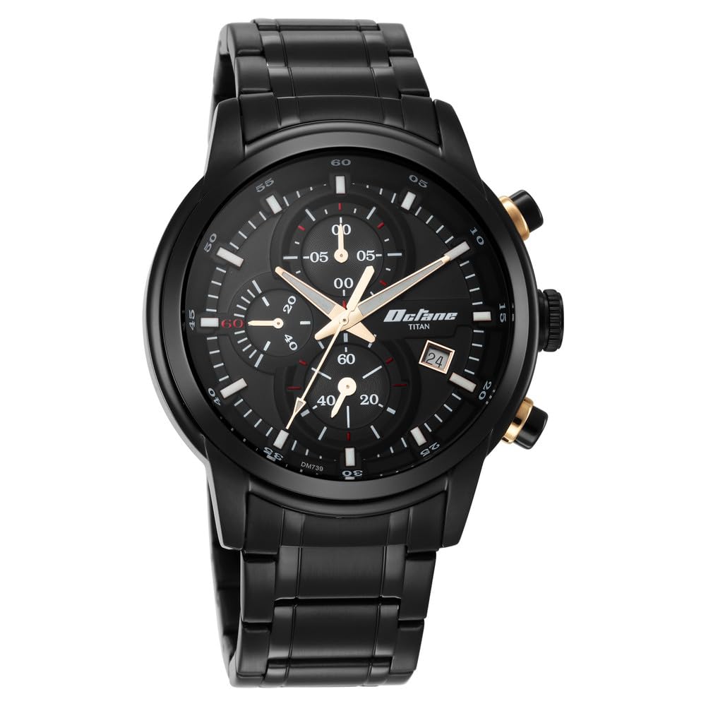 Titan Octane Quartz Chronograph with Date Black Dial Black Stainless Steel Strap Watch for Men – NT90086KM05