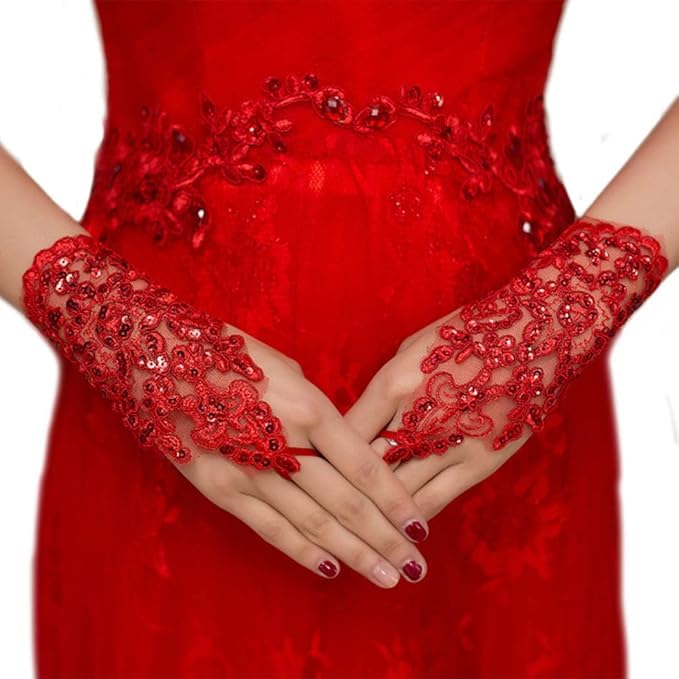 FancyDressWale Wedding Bride Lace Gloves Fingerless Bridal Gloves Red Rhinestone Glove Short Party Prom Glove Accessories for Women and Brides FancyDressWale Wedding Bride Lace Gloves Fingerless Bridal Gloves Red Rhinestone Glove Short Party Prom Glove Accessories for Women and Brides