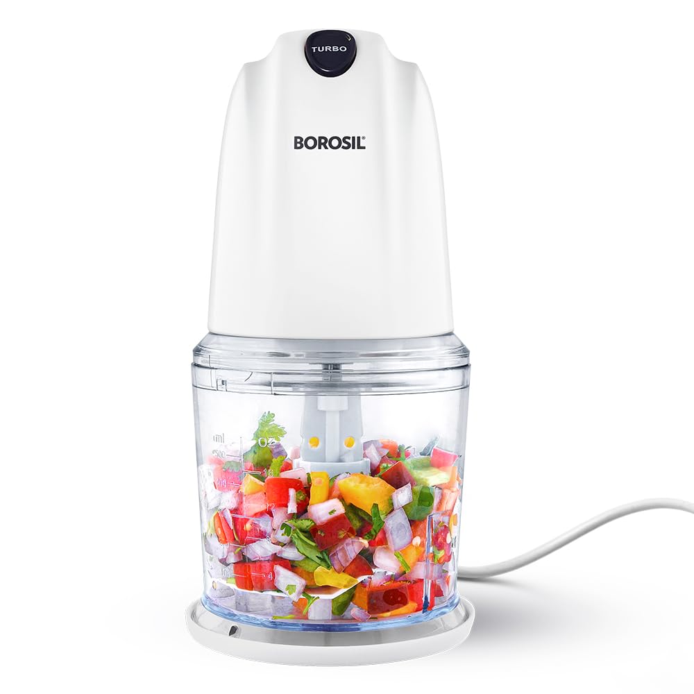 Borosil Chef Delite 260 Watts Electric Chopper for Kitchen, Twin Blade Technology, 500 ml ‘chop-n-store’ plastic bowl with lid, Vegetable Chopper, Cutter, Chop, Mince, Dice, Whisk, Blend, Transparent
