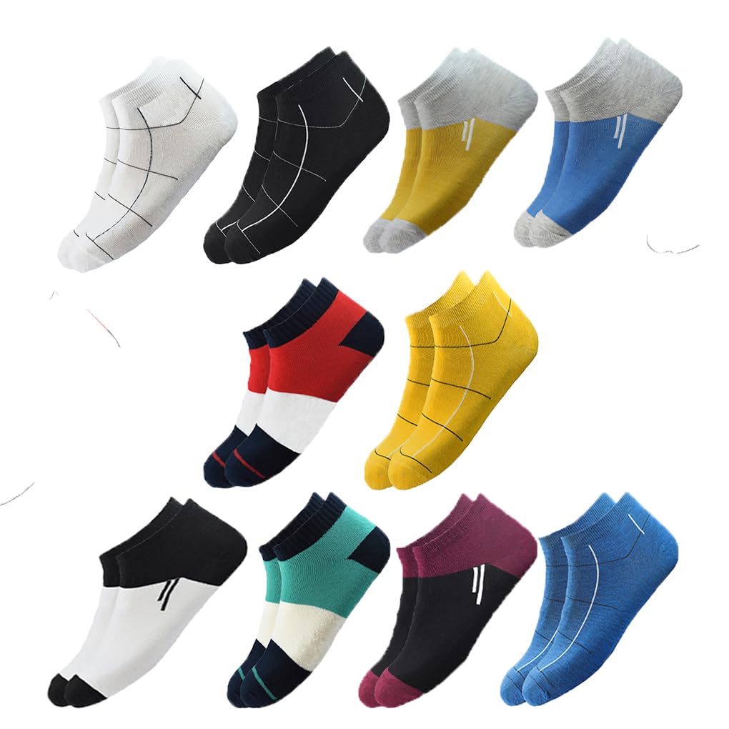 HICODE Ankle Socks Set, 10 Pairs, Geometric Pattern, Multi-Color, Low Cut