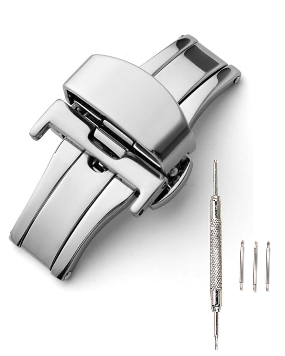 5-Piece Set Butterfly Clasp Watch Strap, Double Push Button Deployment Buckle with Spring Bar Tool, Silver Watch Band Replacement for Men and Women, for Formal and Casual Wear