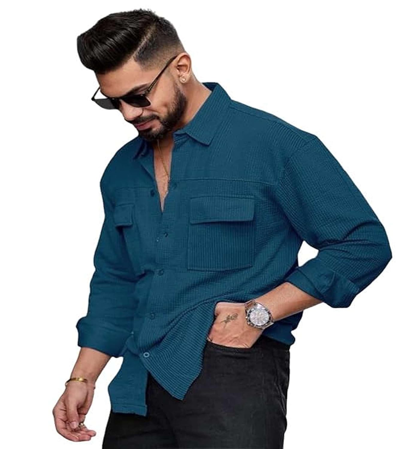 IndoPrimo Men’s Regular Fit Fancy Double Pocket Casual Shirt for Men Full Sleeves – Cargo