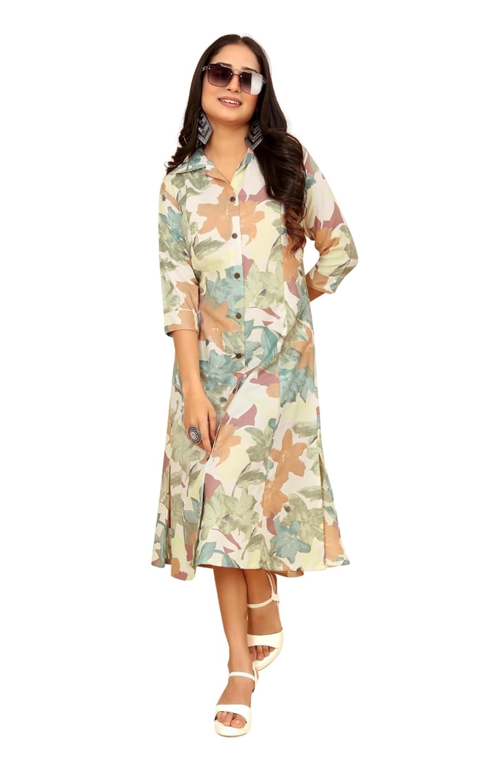 KESUDI A Line Dresses for Women Western Rayon Floral One Piece Dress for Women | Stylish Flared Roll Tab Sleeve | Knee Length Midi Maxi Dress | Wear as Beach, Party
