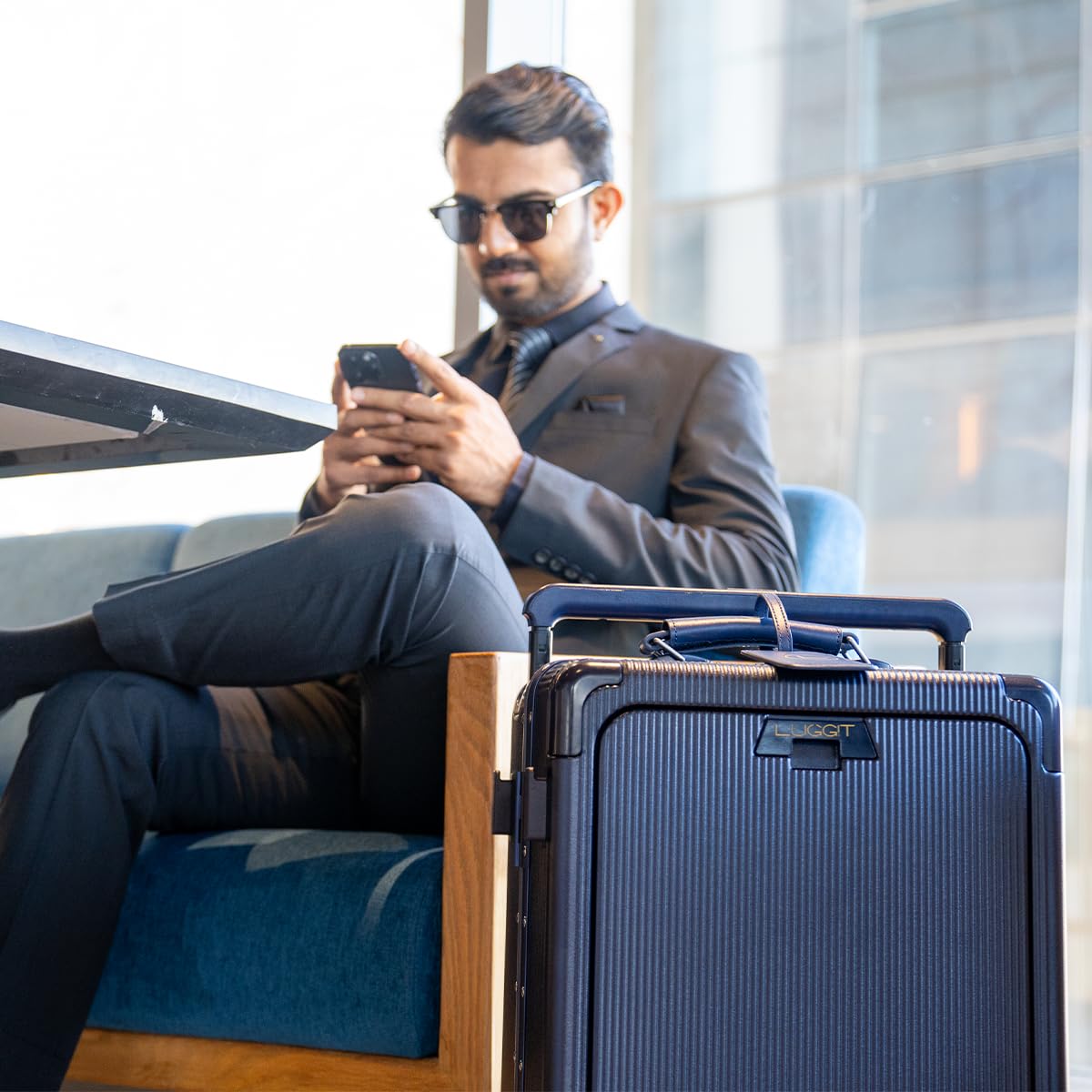 LUGGIT Executive Plus 20-Inch, Cabin Trolley Bag,Front Opening Hard Shell Suitcase with Cup Holder | 360° Spinner Wheels & Wide Telescopic Handle | Easy Access Carry-On Travel Luggage (Navy Blue)