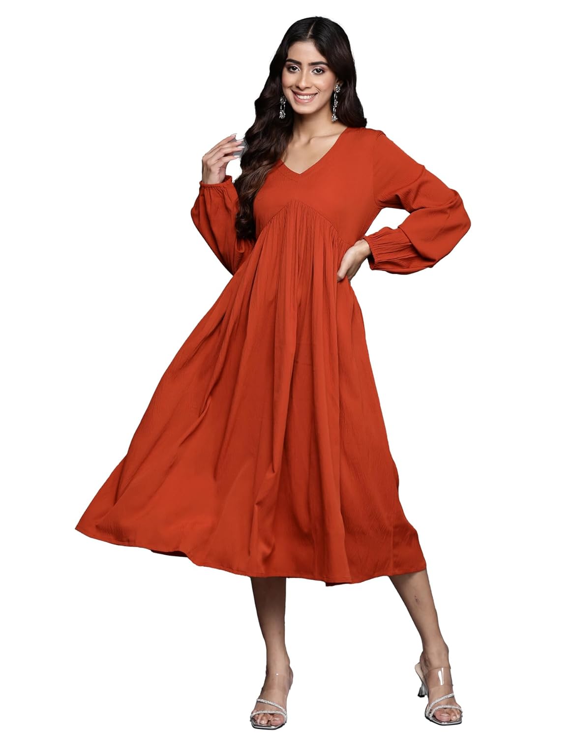 Varanga Women Rust V-Neck A-Line Dress with Bishop Sleeves, Gathered Details, Flared Hem – Casual Dress for Women, Calf Length – Stylish Dress – Comfortable Fashion