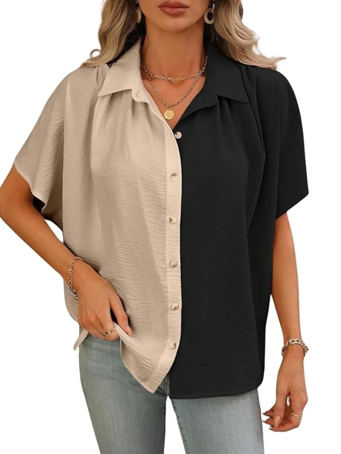 GRECIILOOKS Shirts for Women – Korean Style Short Sleeve Oversized Button Down | Plus Size Workwear Top for Office & Casual Wear (Available in Plus Size)