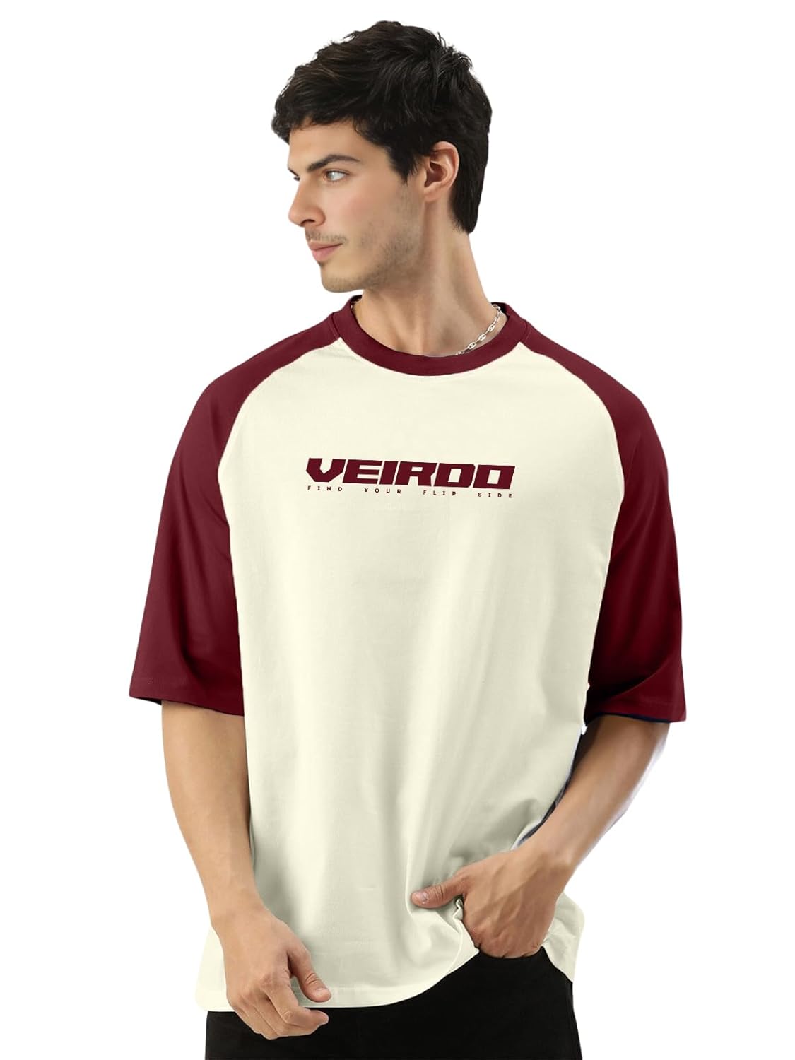 Veirdo® 100% Pure Cotton Oversized Loose Baggy Fit Drop Shoulder Round Neck Cool Front Chest Typographic Logo Printed Raglan Sleeve T-Shirt for Men (Colors: White, Black, Swanwhite, Beige & Grey) Veirdo® 100% Pure Cotton Oversized Loose Baggy Fit Drop Shoulder Round Neck Cool Front Chest Typographic Logo Printed Raglan Sleeve T-Shirt for Men (Colors: White, Black, Swanwhite, Beige & Grey)