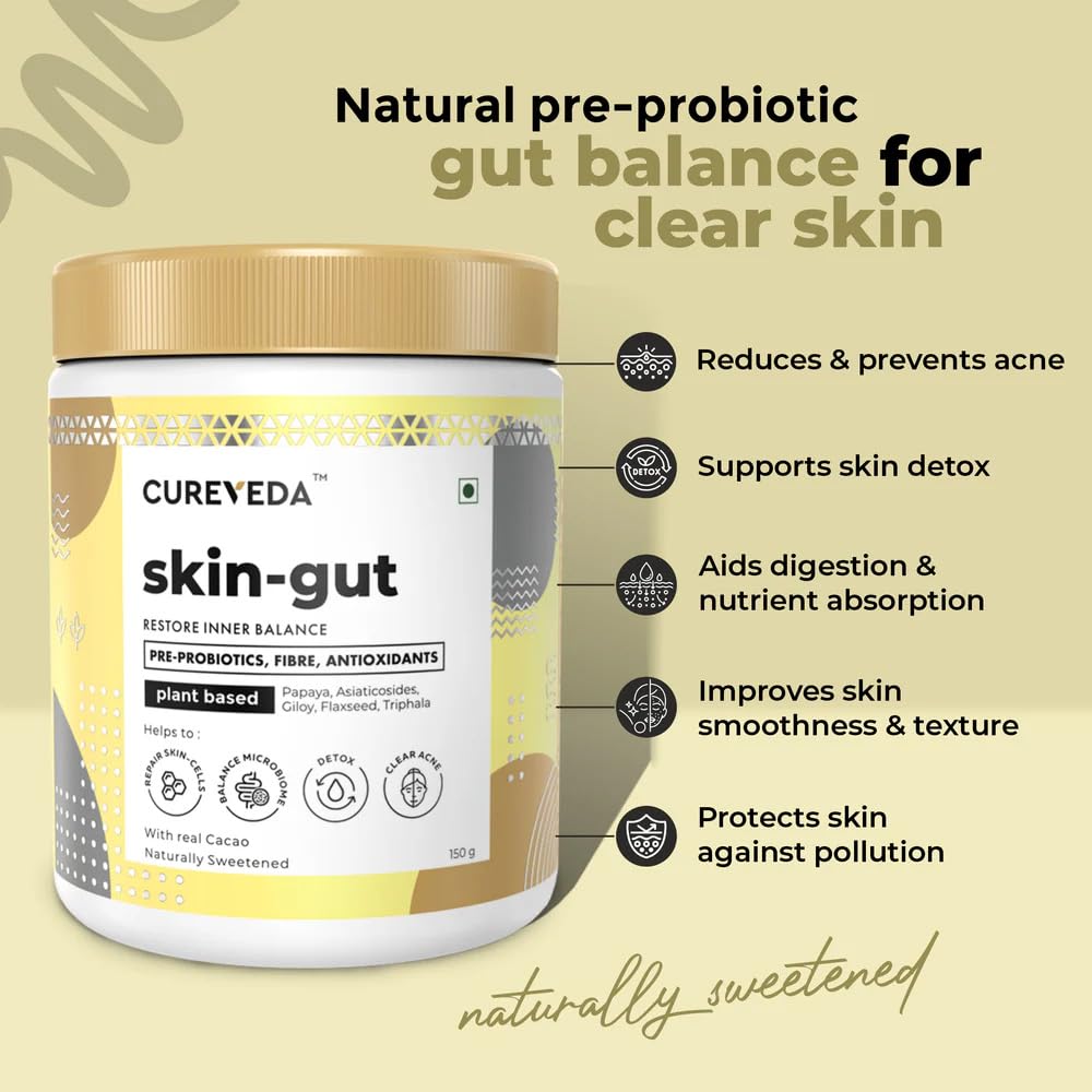 Cureveda SkinGut Pre & Probiotic Powder for Clear Skin | Supports Acne Control | Gut Health| Skin Detox | Plant-Based Formula with Antioxidants | No Added Sugar & Artificial Flavour(150 gm) Cureveda SkinGut Pre & Probiotic Powder for Clear Skin | Supports Acne Control | Gut Health| Skin Detox | Plant-Based Formula with Antioxidants | No Added Sugar & Artificial Flavour(150 gm)