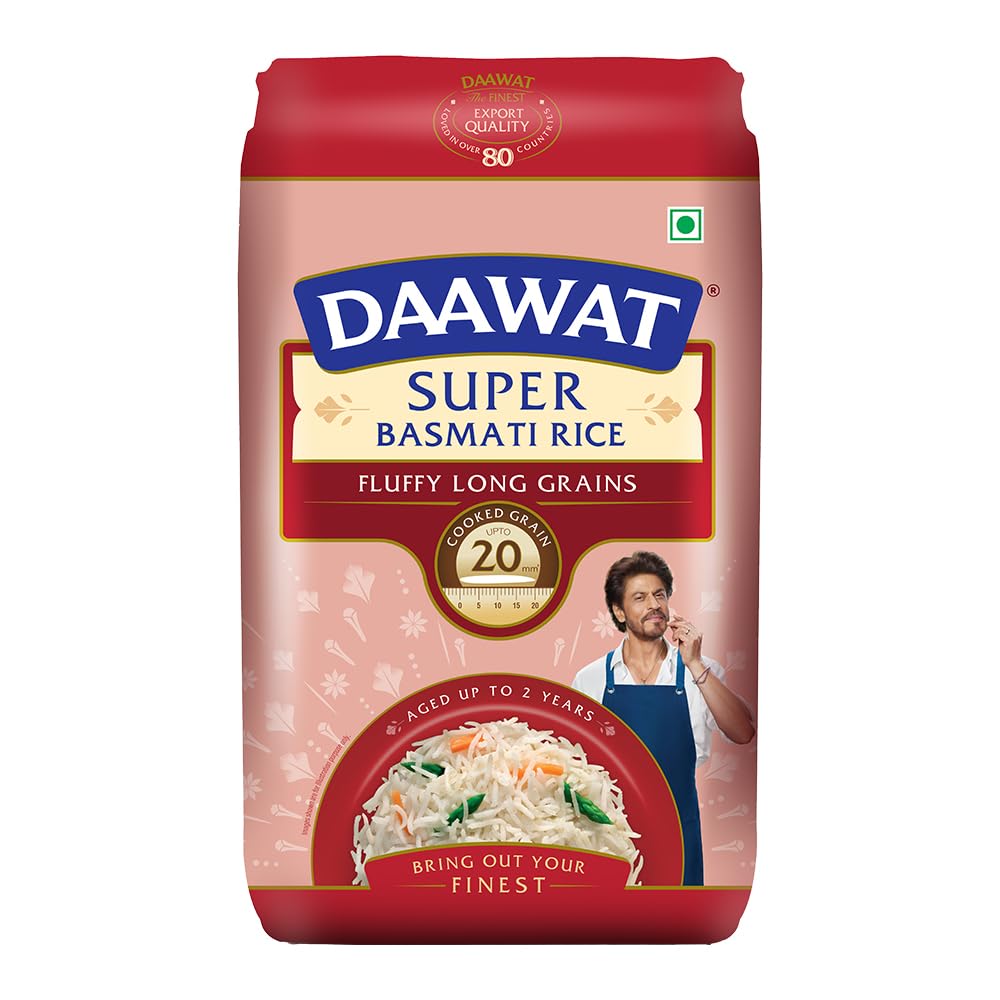 Daawat Super Basmati Rice 1Kg | Fluffy Long Grains| Cooked upto 20mm