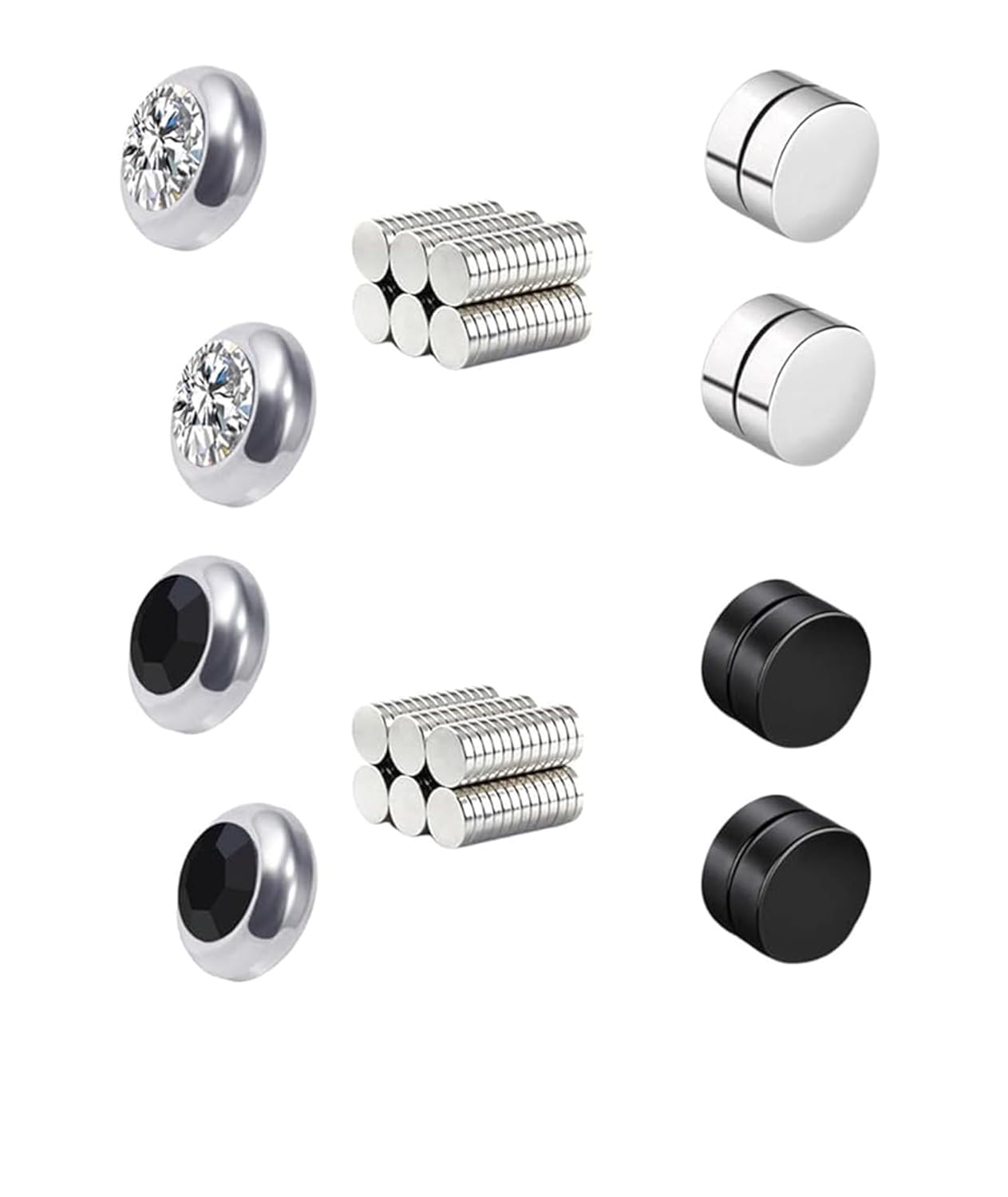 4 Pair Magnetic Earrings for Men, Non Pierced Earrings Set, Silver and Black Rhinestone Stud Earrings, 6mm and 8mm Sizes, Ideal for Special Occasions