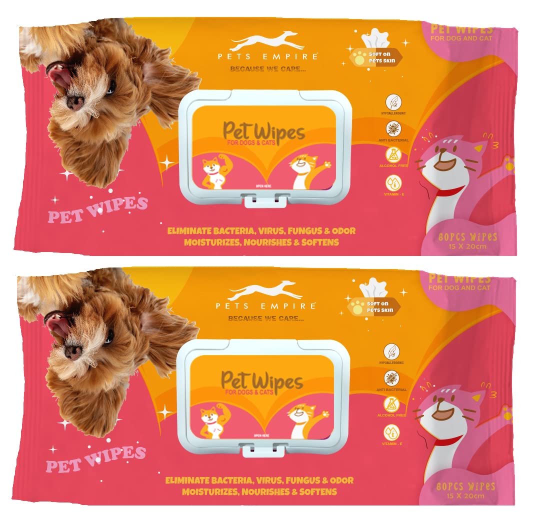 PETS EMPIRE Pet Wet Wipes, 80 Count Anti-Bacterial Cat & Dog Wipe, Soft Pet Moist Tissue Towelettes, Grooming Daily Care Wet Wipes for Dogs, Pups, Cats – Pack of 2 (15X20 cm)