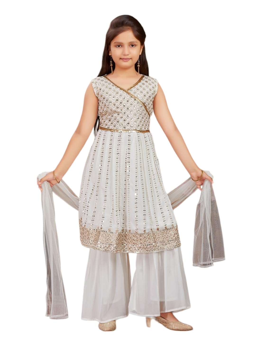 Aarika Girls Ethnic Wear Cream Colour Sequins Zari Embroidery Georgette Kurti Sharara Set