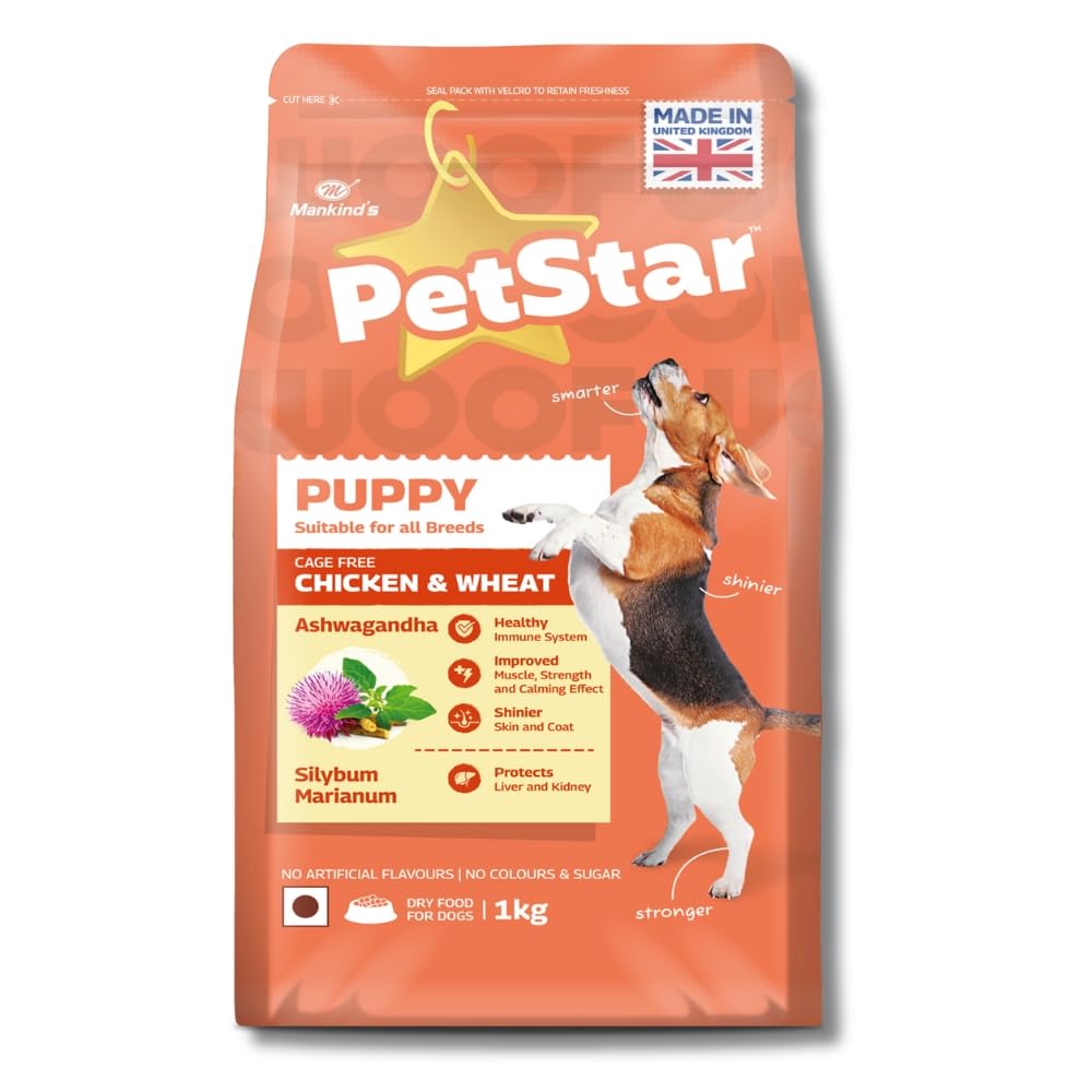 Mankind Petstar Puppy Dry Dog Food (High Protein) Chicken & Wheat Flavor, 1kg | Improves Muscle & Strength, Supports Immunity, Protects Liver & Kidney