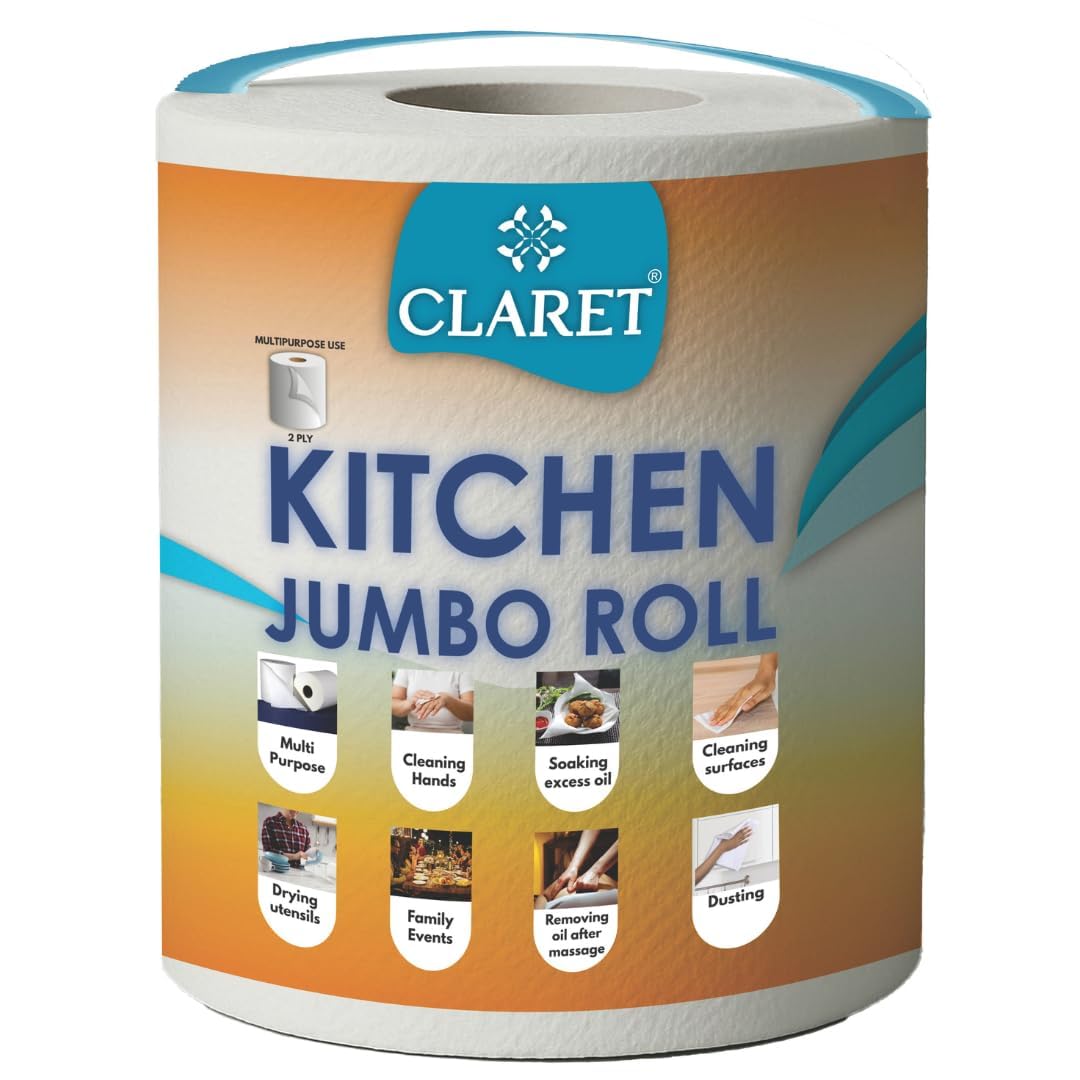 Claret Kitchen Jumbo Towel Tissue Paper Roll Napkin 300 Pulls Each Roll | Soft & Highly Absorbent | 100% Natural | 2 Ply | Pack of 1 Roll | Ideal For Cleaning Kitchen Accesssories Microwave & OTG