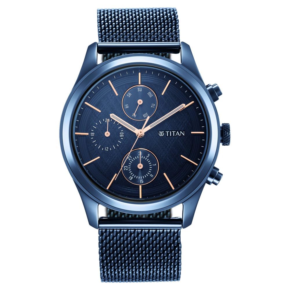 Titan Neo Splash Sartorial Quartz Multifunction Midnight Blue Dial Metallic Blue Strap Watch for Men – NT1805QM02